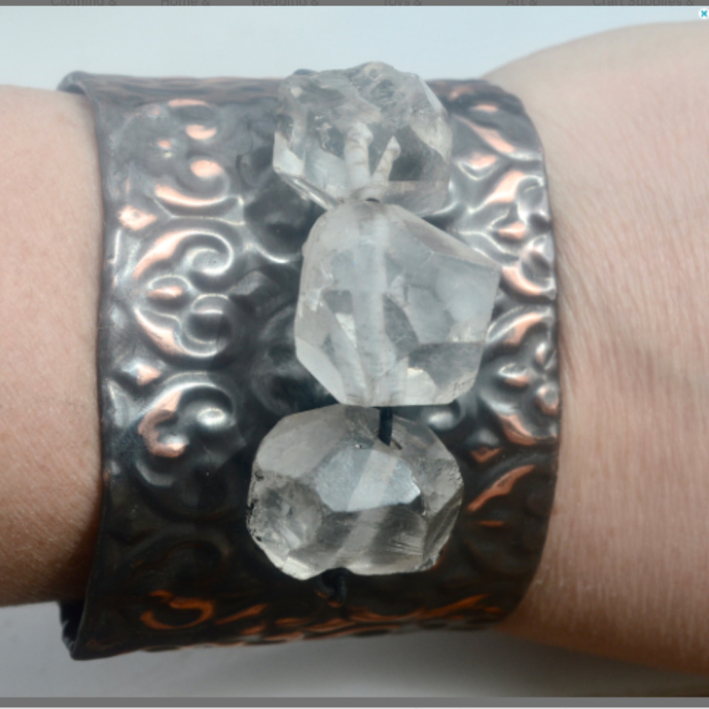 Quartz Crystal Copper Cuff Handmade Embossed OOAK